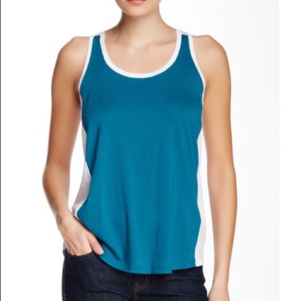 Vince. Pima Cotton and Modal Colorblock Sleeveless Top Teal and White
